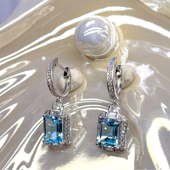 ET1 6.9CT Natural SWISS Blue Topaz Dangling Huggies Rhodium Sterling Silver S925